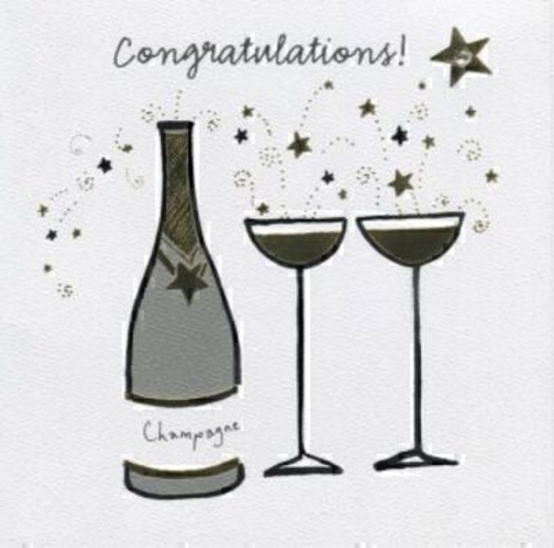 Congratulations Champagne and Glasses by Paper Rose. Raised foil detail of a bottle of Champagne and glasses with star 'bubbles' with 'Congratulations' written across the frond with diamante detail on the star. Card is blank inside for your own message.